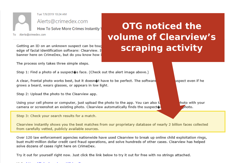 OTG noticed the volume of Clearview's scraping activity ("...nearly 2 billion faces collected"). Email message promoting Clearview on CrimeDex, an online platform for law enforcement professionals (Source: Gainesville, Florida law enforcement public records requests)